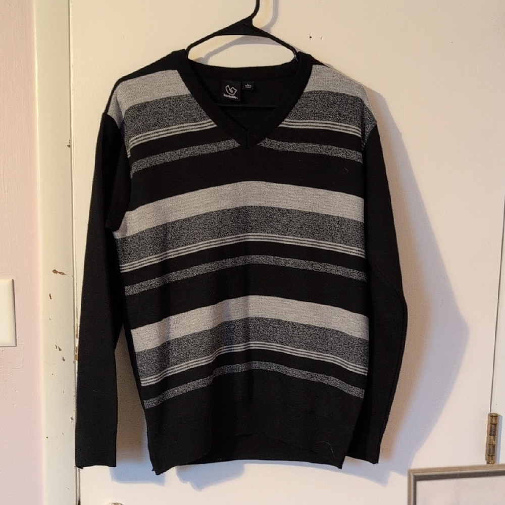 Burnside V-Neck Sweater in Black and Gray Stripes
